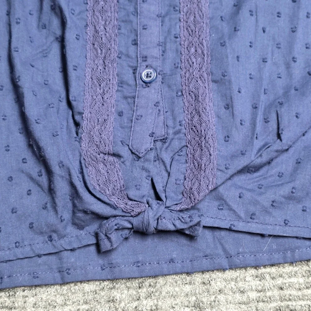 OshKosh Bgosh Lace Trim Tie Front Blouse Girl's Size 14 14A Navy Blue Swiss‎ Dot